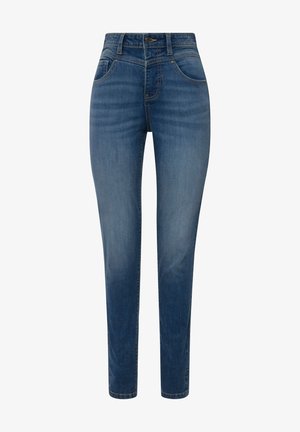 Jeans in denim blu con una vestibilità slim, vita alta, cinque tasche e un leggero effetto sbiadito. Presentano cuciture standard e dettagli in metallo.