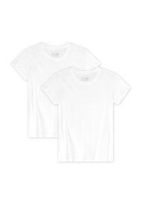 Due t-shirt bianche in cotone con maniche corte, scollatura rotonda e una texture liscia. Design semplice, senza pattern o dettagli aggiuntivi.