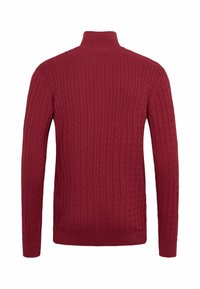 Pull rouge en maille torsadée avec manches longues et col montant, vu de dos sur fond blanc.