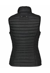 Zwarte gewatteerde vest met hoge kraag, voorzien van horizontale gestikte naden, slim fit ontwerp en een knoopdetail aan de achterkant.