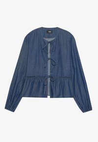 Blouse en denim à manches longues, taille froncée et liens au cou. Présente une texture douce et une couleur bleu profond unie.