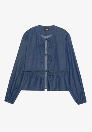 Denim blouse with long sleeves, gathered waist and neck ties. Features a soft texture and a solid deep blue color.