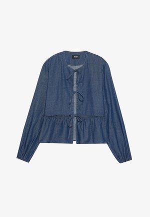 Denim bluza s dugim rukavima, skupljenim strukom i vezicama oko vrata. Ima mekanu teksturu i čvrstu tamnoplavu boju.