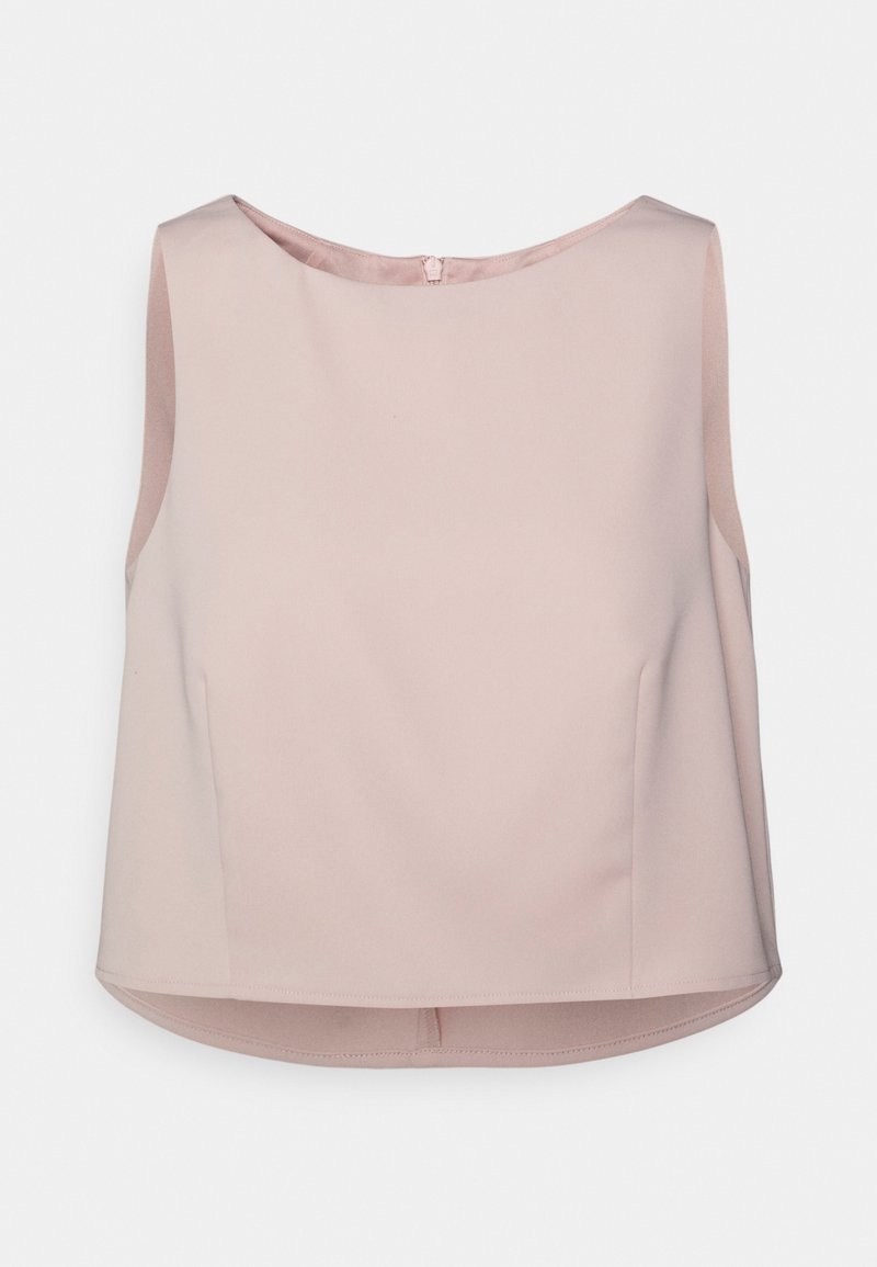 Blouse sans manches rose pâle avec encolure ronde et fermeture éclair au dos, coupe ajustée et ourlet légèrement arrondi.
