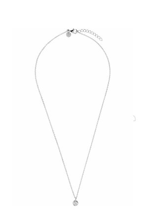 Delicate silver chain necklace with a small round clear gemstone pendant and adjustable lobster clasp closure.