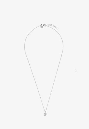 Zarte Silberkette mit kleinem rundem klarem Edelstein-Anhänger und verstellbarem Karabinerverschluss.