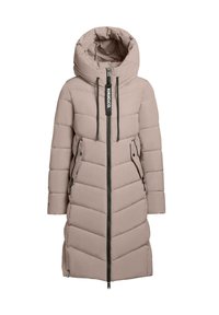 Lange, licht beige pufferjas met een capuchon; voorzien van een ritssluiting, zijzakken en een verticale stiksels patroon voor isolatie.