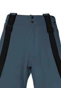 Blauwe waterdichte broek met zwarte bretels, voorzien van twee zwarte knopen in de taille en een gladde, gestructureerde oppervlakte.