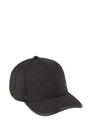 Black baseball cap with subtle textured pattern and rounded brim with stitched edge detail.