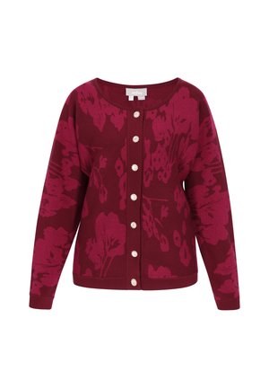 Burgundy kukkakuosiset neuletakki pitkillä hihoilla, pyöreällä pääntiellä ja koristeellisilla nappeilla. Pehmeä neulepinta rentoa istuvuutta.