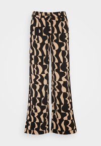 Svarta och beige vida byxor med ett abstrakt vågigt mönster. Tillverkade av ett mjukt tyg, med en framknäppning och bälteshällor.