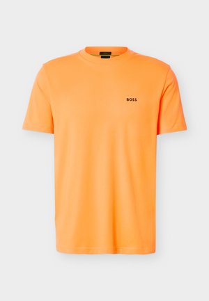Bright orange short-sleeve crew neck T-shirt with small black "BOSS" logo on left chest, plain design on white background.