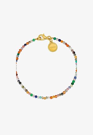 Pulsera de cuentas coloridas con una mezcla de pequeñas gemas redondas en varios colores, que presenta un cierre de langosta en tono dorado y un charm circular.