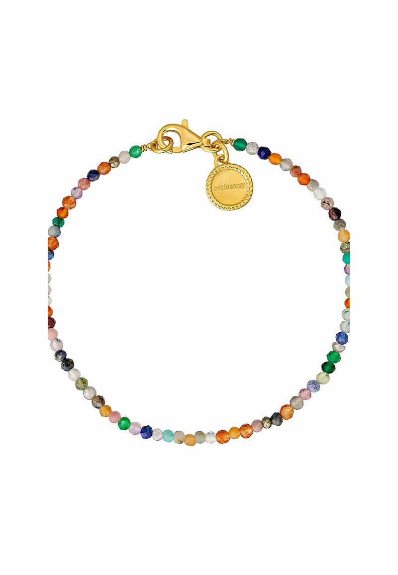 Pulsera de cuentas coloridas con una mezcla de pequeñas gemas redondas en varios colores, que presenta un cierre de langosta en tono dorado y un charm circular.