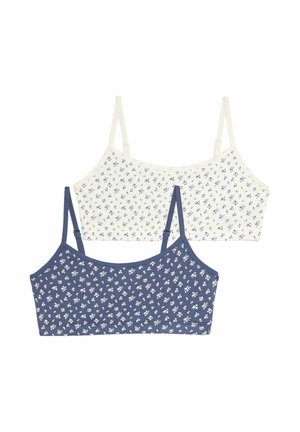 To blomstrede camisole-bh'er, den ene cremefarvet med små blå blomster og den anden blå med små hvide blomster, begge med justerbare stropper.