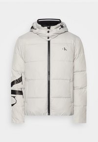 Giacca imbottita grigio chiaro con cappuccio, zip nera, logo sul petto e grande dettaglio grafico nero sulla manica sinistra.