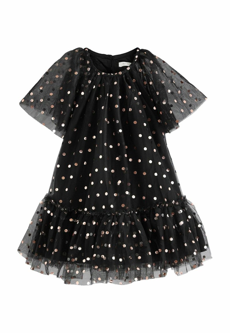 Robe noire à manches courtes en tissu transparent, décorée de pois argentés et or rose, avec un ourlet volanté et un col rond.