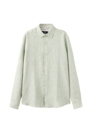Overhemd met lange mouwen en knopen, met verticale lichtgroene en witte strepen, puntige kraag en knoopmanchetten, getoond tegen een effen achtergrond.