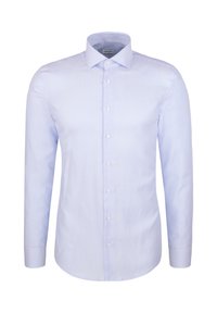 Lichtblauwe gestreepte lange mouw shirt van katoen, met een klassieke kraag, knoopsluiting aan de voorkant en een ronde zoom. Subtiele textuur en patroon.