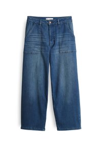 Donkerblauwe denim wijde broek met voorzakken, een hoge taille en rafelige hemden. Zachte textuur met een lichte waseffect.