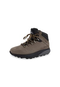 Braune Wanderstiefel aus Leder mit grauen Filz-Akzenten, Metallösen und gelben Schnürsenkeln. Verfügt über eine strukturierte schwarze Gummisohle für guten Halt.