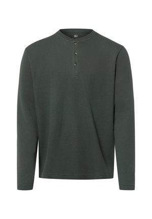 Dunkelgrünes Henley Langarmshirt mit gerippter Struktur und drei Knöpfen am runden Halsausschnitt.