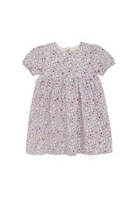 Kurzärmliges, floral gemustertes Kleid in Weiß mit lila und rosa Blumen, verfügt über einen runden Ausschnitt und eine geraffte Taille.