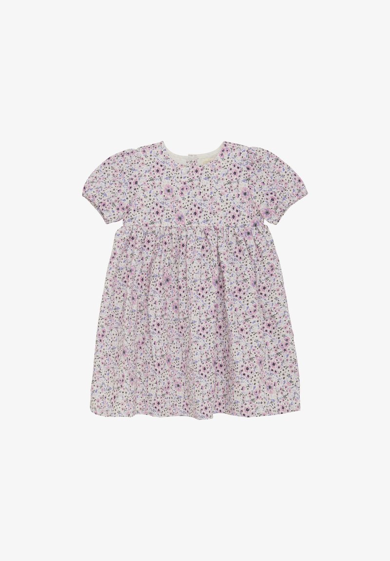 Kurzärmliges, floral gemustertes Kleid in Weiß mit lila und rosa Blumen, verfügt über einen runden Ausschnitt und eine geraffte Taille.