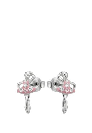 Silberne Ohrstecker in Form von Ballerinas mit rosa Tutu, verziert mit kleinen klaren Kristallen.