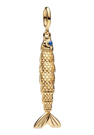 Ciondolo a forma di pesce dorato con squame dettagliate, occhio azzurro e un anello per fissarlo a un braccialetto o una collana.