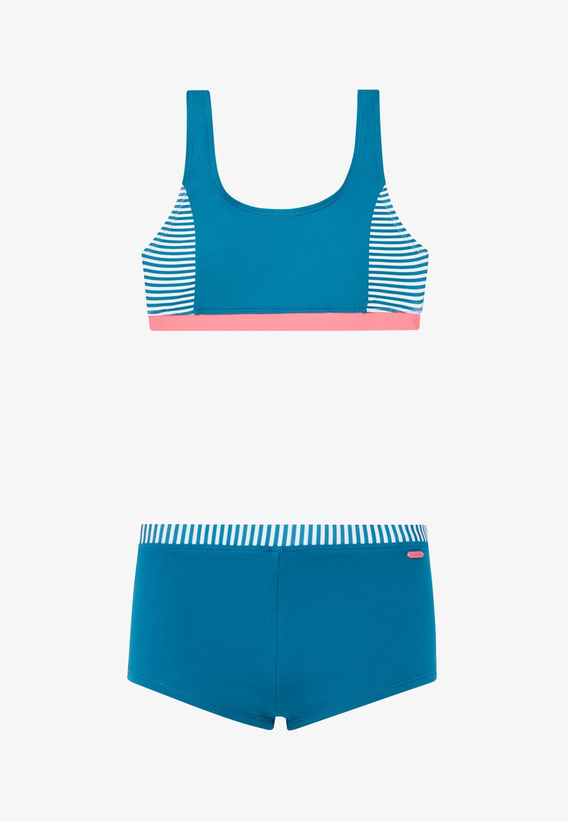 Súprava plaviek v tyrkysovej farbe obsahujúca štvorec bralet s pruhovanými bočnými panelmi a ružovým pásom, doplnená o zodpovedajúce šortky.