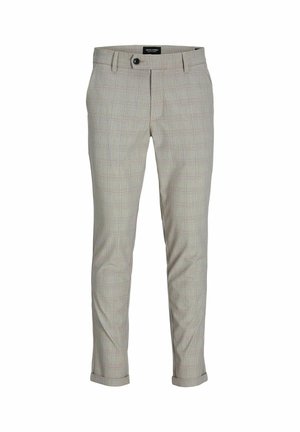 Helle graue Karo-Hose mit Slim-Fit, ausgestattet mit einem Knopfverschluss und aufgerollten Säumen. Der Stoff hat eine glatte Textur und ein dezentes Karomuster.