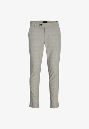 Ljust grå rutiga byxor med slim fit, som har knappstängning och uppvikta muddar. Tyget har en jämn struktur och ett subtilt rutmönster.