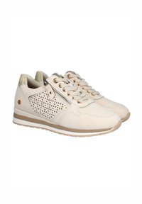 Zapatillas de color beige claro con un diseño perforado, detalle de cremallera y suela beige. Presentan cordones redondos y una textura sutil en la parte superior.