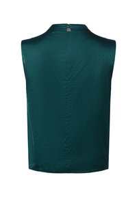 Haut sans manches vert foncé avec une texture à petits pois subtils et une petite fermeture éclair en métal à l'arrière du col.