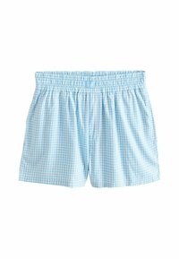 Boxers de cuadros azul claro con una cinturilla elástica y un ajuste holgado, fabricados con una tela suave, que presentan pequeños cuadros blancos en un patrón de rejilla.