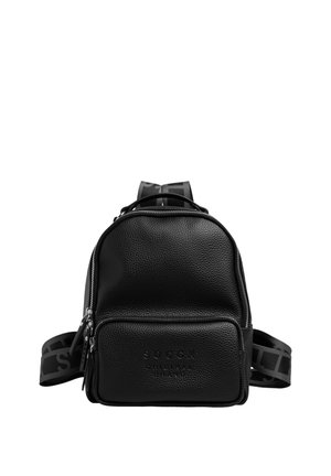 Black textured leather backpack with front zip pocket and wide adjustable straps featuring bold gray lettering.