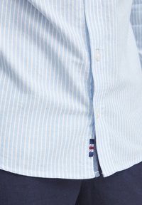 Lys blå stripet bomullsskjorte med knapp-detaljer på kragen, med en liten logo etikett i kanten og en glatt tekstur.