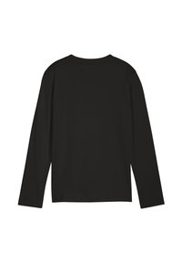 Czarna koszula z długim rękawem, wykonana z gładkiego materiału. Okrągły dekolt i luźny krój. Brak widocznych wzorów lub ozdób. Podstawowy design.