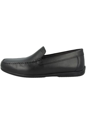 Black leather loafers with a smooth texture, rounded toe, and visible stitching. Features a low-profile rubber sole and slip-on design.