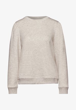 Helle beige Sweatshirt mit langen Ärmeln, Rundhalsausschnitt und gerippten Bündchen. Hergestellt aus weichem, strukturiertem Stoff mit einer leicht gesprenkelten Oberfläche.