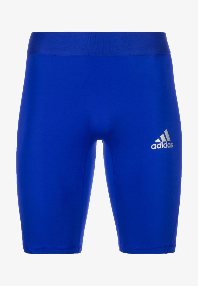 Niebieskie sportowe szorty wykonane z elastycznego materiału z dopasowanym krojem. Charakteryzują się szerokim pasem i małym białym logo Adidas z boku.