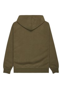 Felpa con cappuccio in verde oliva scuro, caratterizzata da una texture a coste, maniche lunghe e una vestibilità rilassata, con un design semplice e senza decorazioni visibili.
