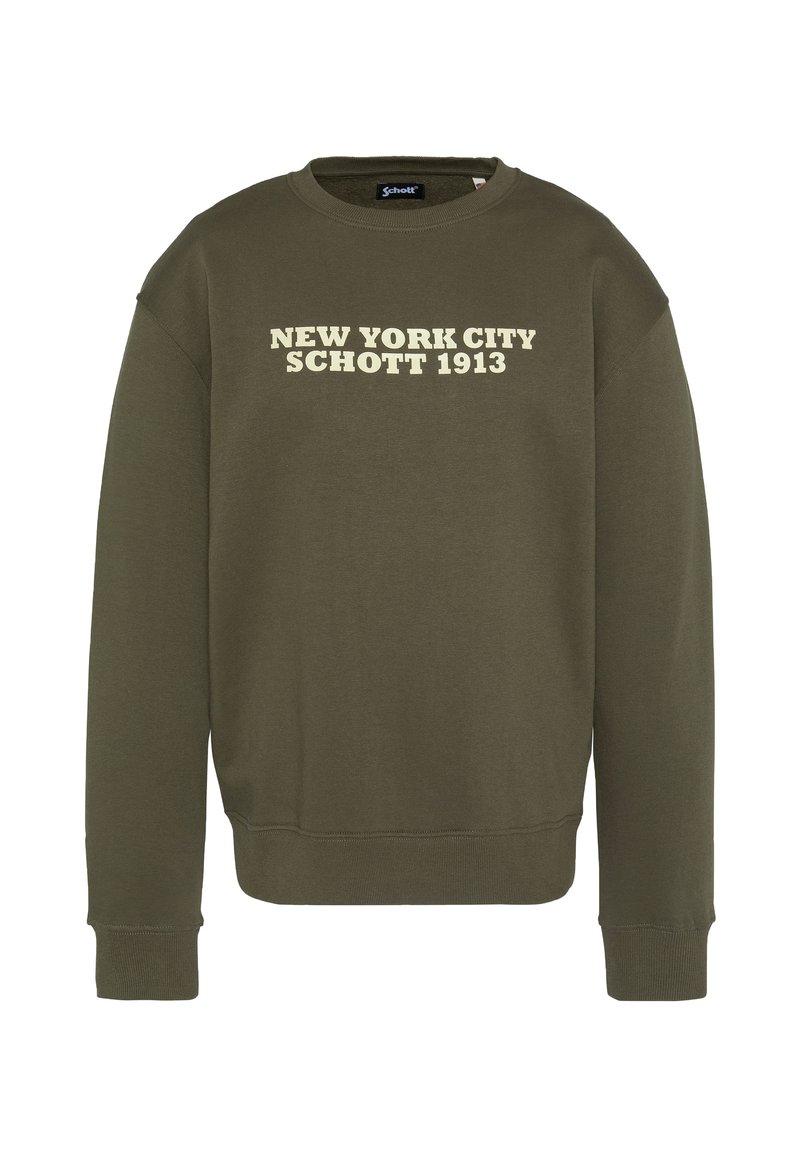 Felpa verde oliva con scollo a girocollo, con la scritta "NEW YORK CITY SCHOTT 1913" in testo color crema. Tessuto morbido, design casual, polsini e orlo a coste.
