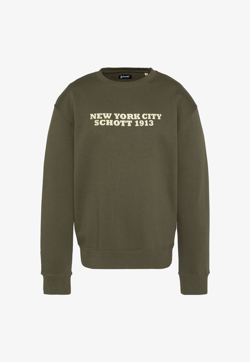 Felpa verde oliva con scollo a girocollo, con la scritta "NEW YORK CITY SCHOTT 1913" in testo color crema. Tessuto morbido, design casual, polsini e orlo a coste.