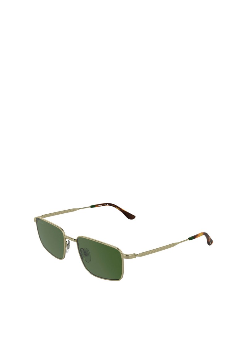 Metallsonnenbrille mit grünen Gläsern, rechteckiger Form, dünnem silbernen Rahmen, gemusterten Bügeln und braunen Spitzen mit subtilen grünen Akzenten.
