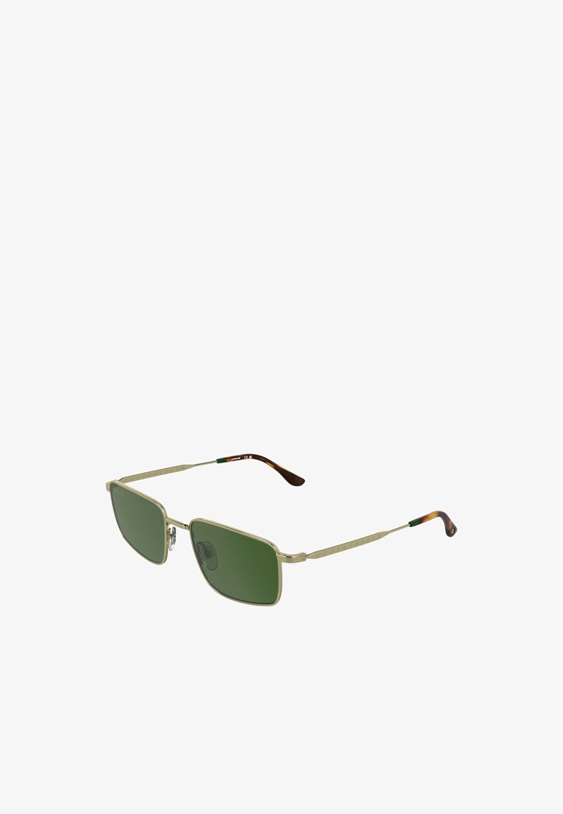 Metallsonnenbrille mit grünen Gläsern, rechteckiger Form, dünnem silbernen Rahmen, gemusterten Bügeln und braunen Spitzen mit subtilen grünen Akzenten.