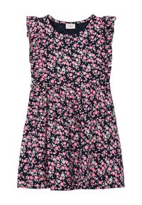 Kwiatowa sukienka na granatowym tle, z różowymi i białymi kwiatami. Ramiączka z falbanami oraz zebrana talia tworzą fason z rozkloszowaną spódnicą.