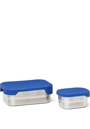 Edelstahl-Lebensmittelbehälter mit blauen Silikondeckeln. Der größere Behälter ist rechteckig, der kleinere hat eine ovale Form.