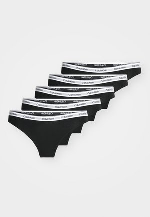 Black cotton briefs, five-pack, featuring a white elastic waistband with "Calvin Klein" logo. Simple design, smooth texture, and full coverage.